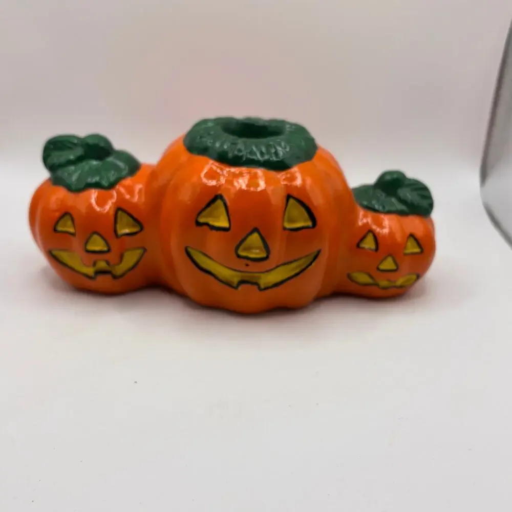 Vintage 90s Halloween Orange Jack-o-Lantern Ceramic Pumpkin Taper Candle Holder